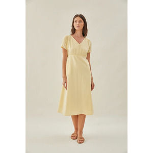 Waisted Midi Dress V Neck Short Sleeve Side Pockets Cotton Soft Yellow S